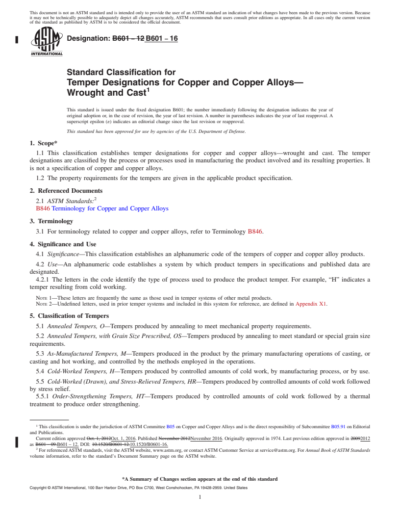 REDLINE ASTM B601-16 - Standard Classification for Temper Designations for Copper and Copper Alloys&#x2014;Wrought   and Cast