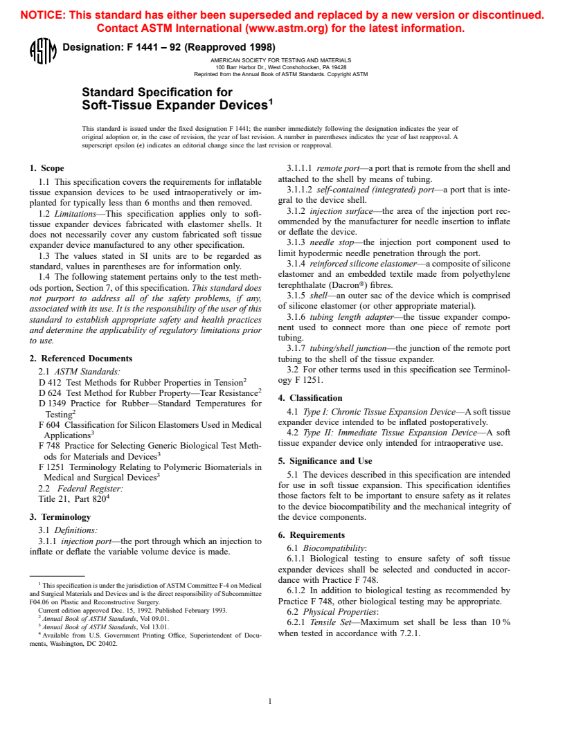 ASTM F1441-92(1998) - Standard Specification for Soft-Tissue Expander Devices