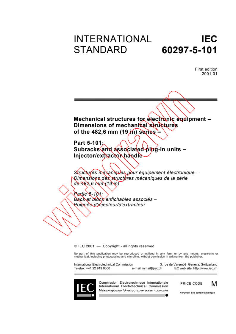 IEC 60297-5-101:2001 - Mechanical structures for electronic equipment - Dimensions of mechanical structures of the 482,6 mm (19 in) series - Part 5-101: Subracks and associated plug-in units - Injector/extractor handle
Released:1/24/2001
Isbn:2831855780