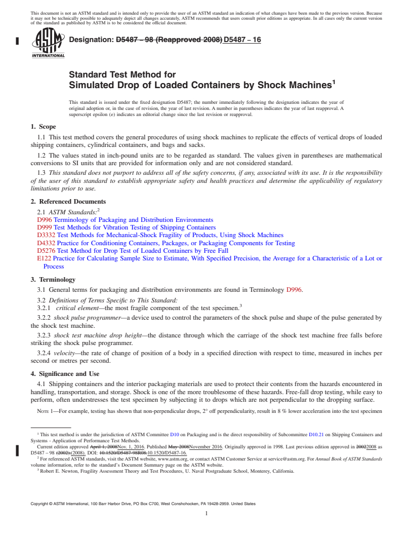 REDLINE ASTM D5487-16 - Standard Test Method for  Simulated Drop of Loaded Containers by Shock Machines