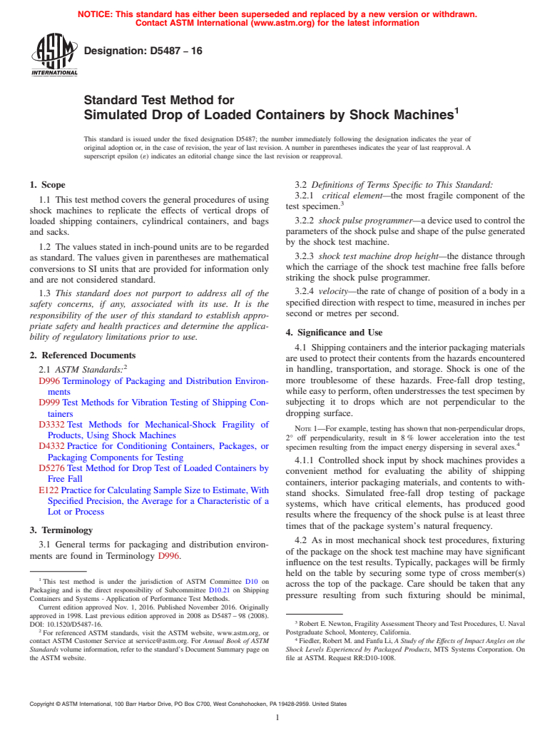 ASTM D5487-16 - Standard Test Method for  Simulated Drop of Loaded Containers by Shock Machines