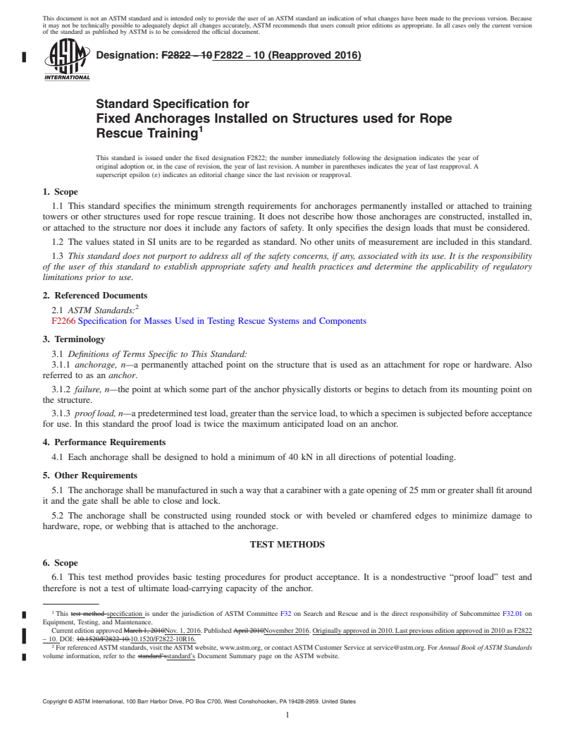 REDLINE ASTM F2822-10(2016) - Standard Specification for Fixed Anchorages Installed on Structures used for Rope Rescue  Training