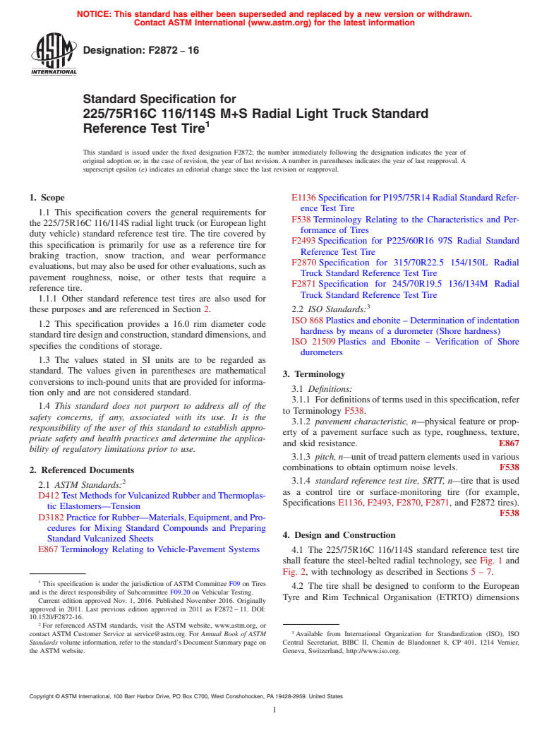 ASTM F2872-16 - Standard Specification for  225/75R16C 116/114S M+S Radial Light Truck Standard Reference  Test Tire