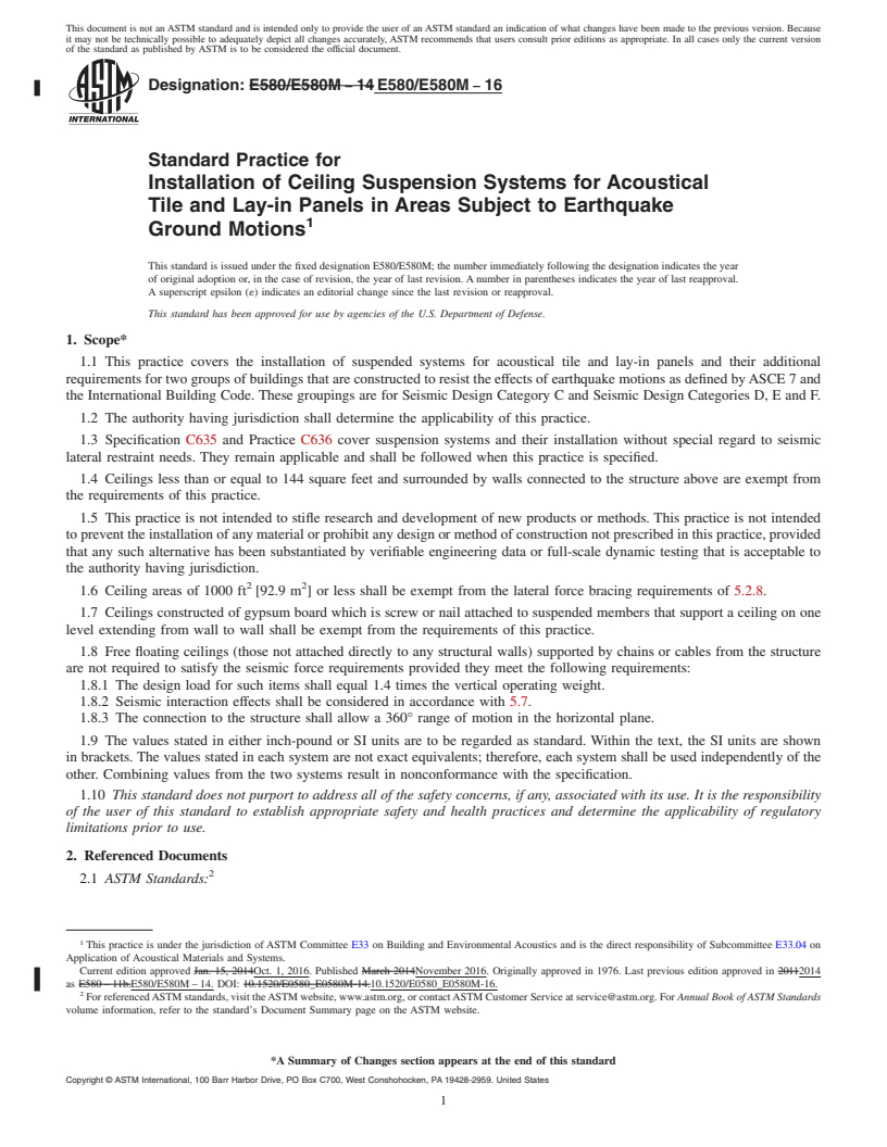 REDLINE ASTM E580/E580M-16 - Standard Practice for  Installation of Ceiling Suspension Systems for Acoustical Tile  and Lay-in Panels in Areas Subject to Earthquake Ground Motions