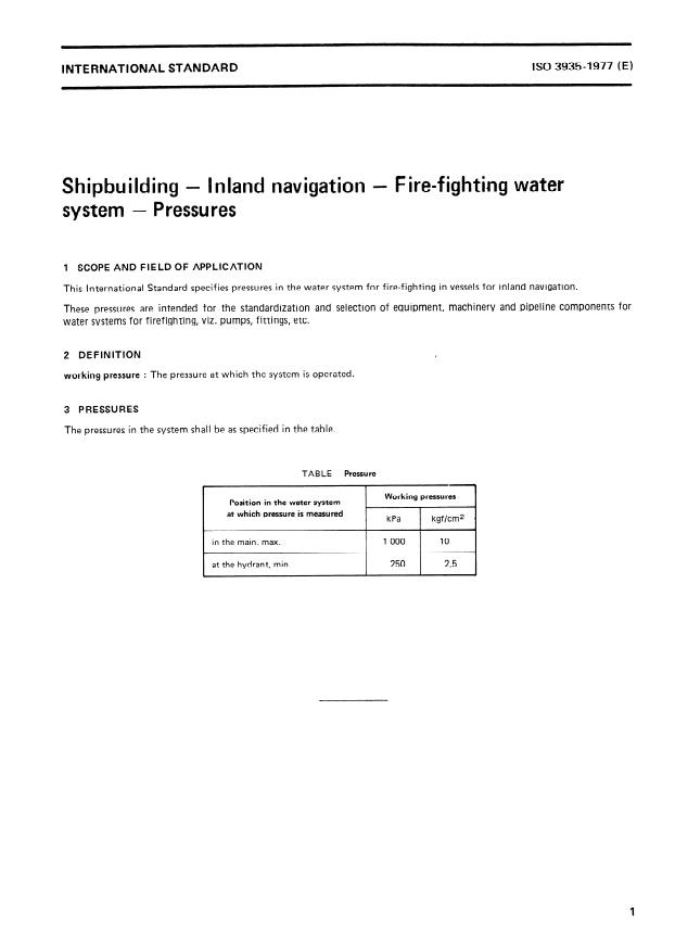 ISO 3935:1977 - Shipbuilding -- Inland navigation -- Fire-fighting water system -- Pressures