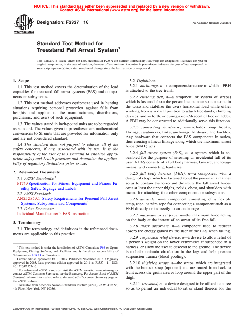 ASTM F2337-16 - Standard Test Method for  Treestand Fall Arrest System