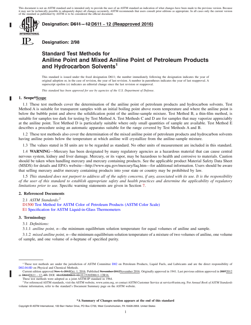 REDLINE ASTM D611-12(2016) - Standard Test Methods for Aniline Point and Mixed Aniline Point of Petroleum Products  and Hydrocarbon Solvents