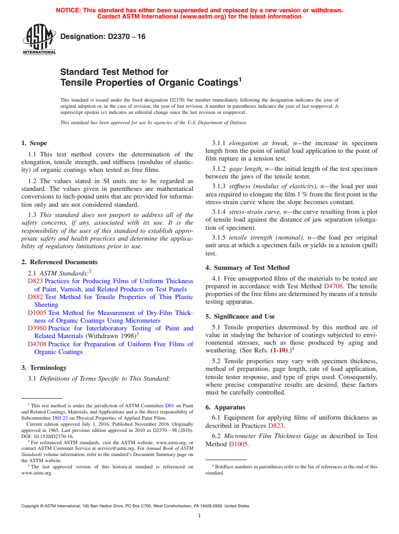 ASTM D2370-16 - Standard Test Method for Tensile Properties of Organic Coatings