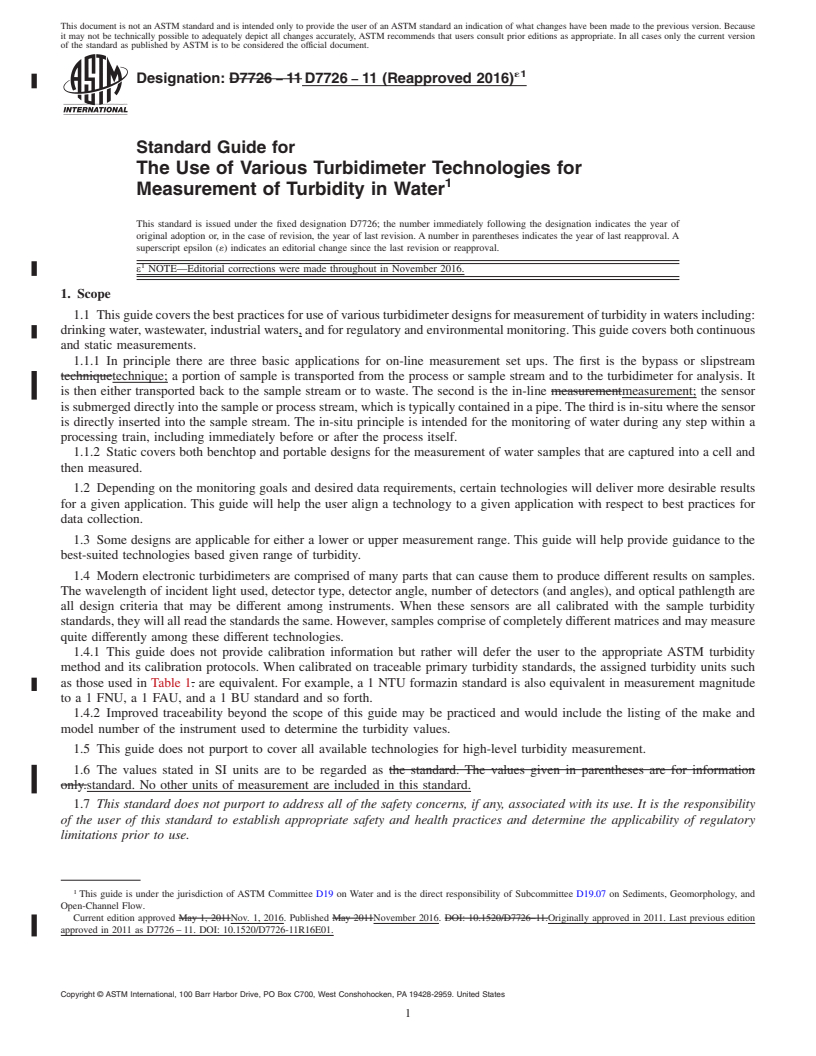 REDLINE ASTM D7726-11(2016)e1 - Standard Guide for  The Use of Various Turbidimeter Technologies for Measurement  of Turbidity in Water