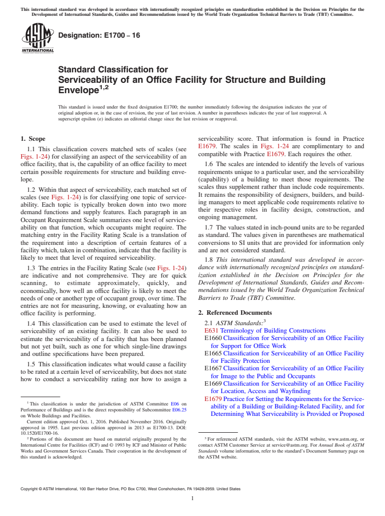 ASTM E1700-16 - Standard Classification for Serviceability of an Office Facility for Structure and Building  Envelope<rangeref></rangeref  >