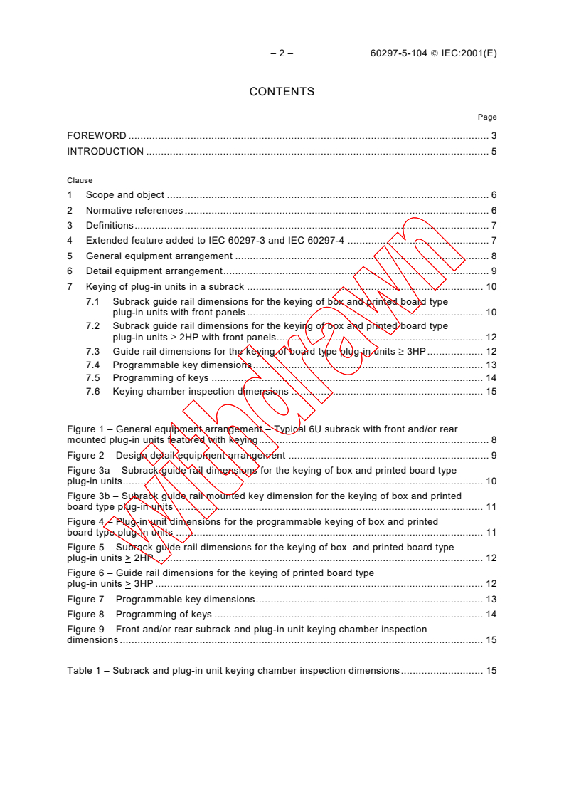 IEC 60297-5-104:2001 IEC 60297-5-104:2001 - Mechanical structures for electronic equipment - Dimensions of mechanical structures of the 482,6 mm (19 in) series - Part 5-104: Subracks and associated plug-in units - Keying
Released:1/24/2001 - Page 4 preview