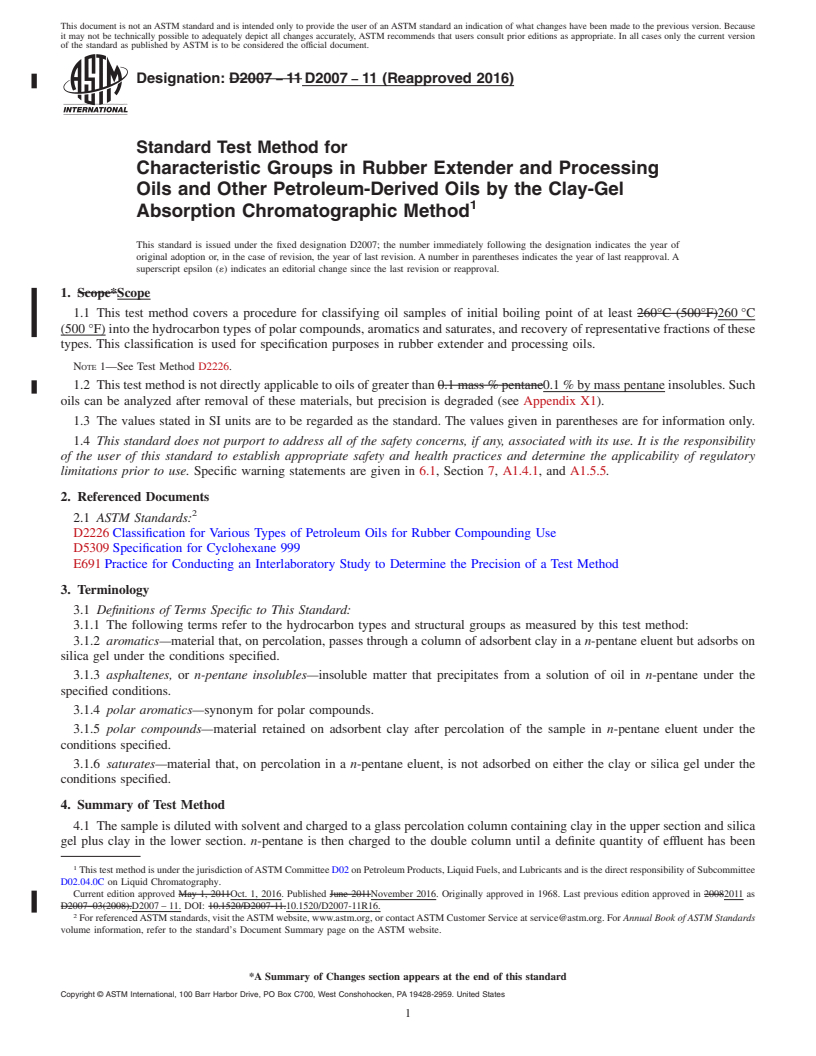 REDLINE ASTM D2007-11(2016) - Standard Test Method for Characteristic Groups in Rubber Extender and Processing Oils   and Other Petroleum-Derived Oils by the Clay-Gel Absorption Chromatographic   Method