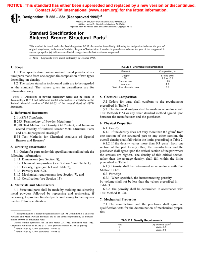 ASTM B255-83a(1995)e1 - Standard Specification for Sintered Bronze Structural Parts (Withdrawn 2000)