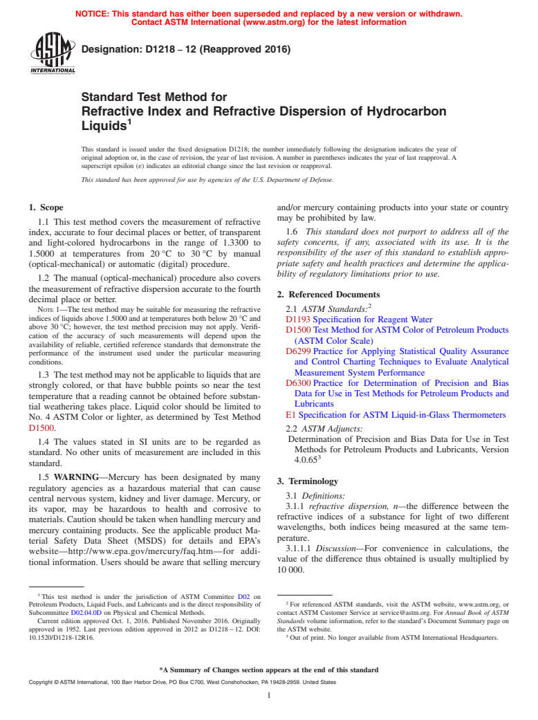 ASTM D1218-12(2016) - Standard Test Method for Refractive Index and Refractive Dispersion of Hydrocarbon Liquids