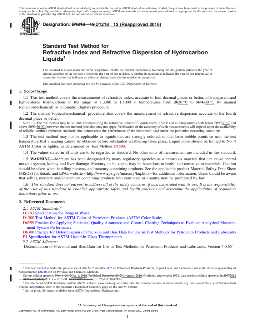 REDLINE ASTM D1218-12(2016) - Standard Test Method for Refractive Index and Refractive Dispersion of Hydrocarbon Liquids