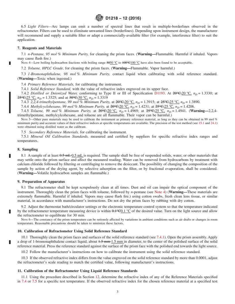 REDLINE ASTM D1218-12(2016) - Standard Test Method for Refractive Index and Refractive Dispersion of Hydrocarbon Liquids