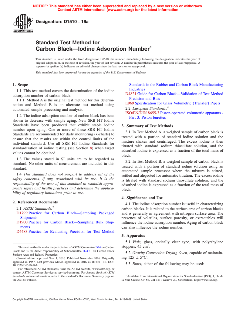 ASTM D1510-16a - Standard Test Method for  Carbon Black&#x2014;Iodine Adsorption Number