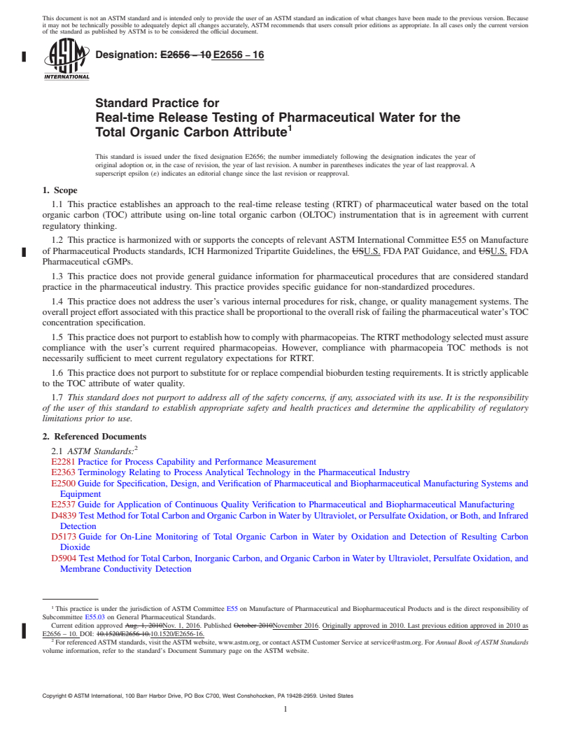 REDLINE ASTM E2656-16 - Standard Practice for  Real-time Release Testing of Pharmaceutical Water for the Total  Organic Carbon Attribute