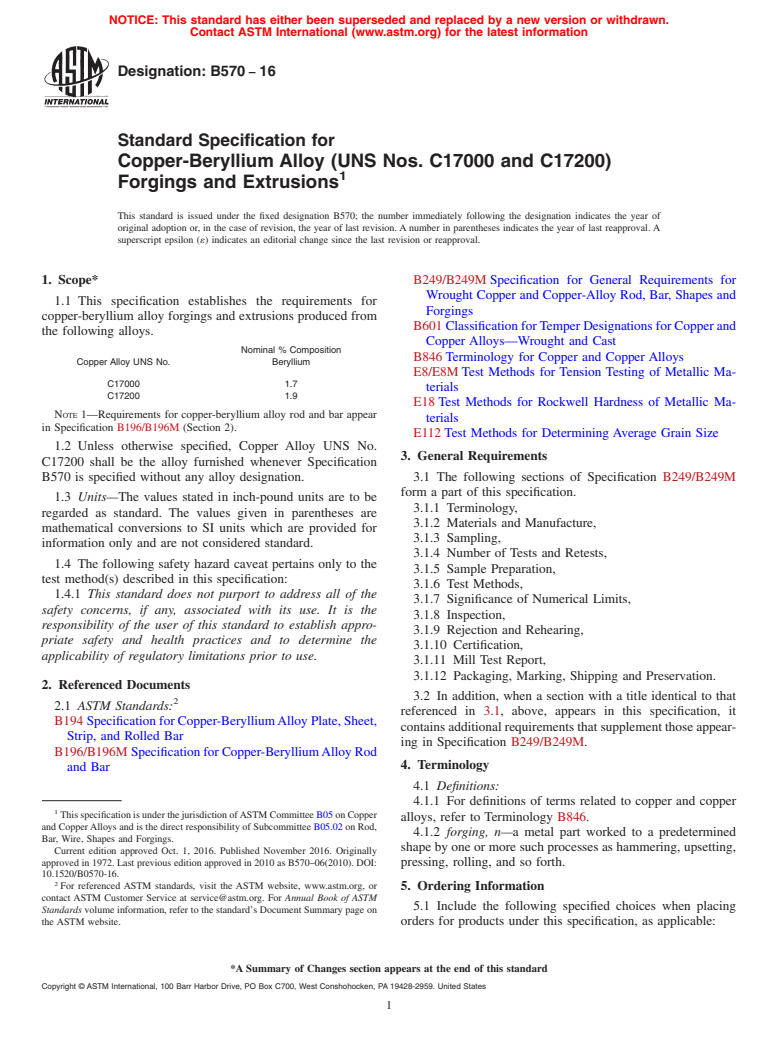 ASTM B570-16 - Standard Specification for Copper-Beryllium Alloy (UNS Nos. C17000 and C17200) Forgings  and Extrusions