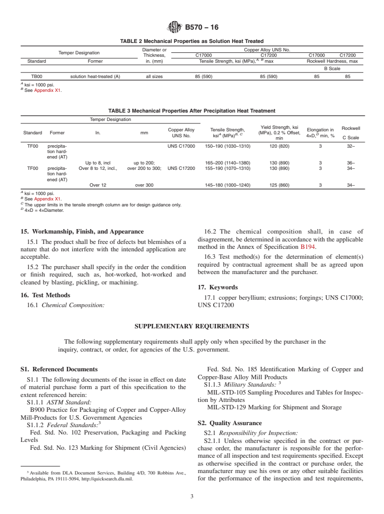 ASTM B570-16 - Standard Specification for Copper-Beryllium Alloy (UNS Nos. C17000 and C17200) Forgings  and Extrusions