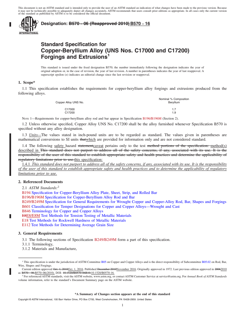 REDLINE ASTM B570-16 - Standard Specification for Copper-Beryllium Alloy (UNS Nos. C17000 and C17200) Forgings  and Extrusions