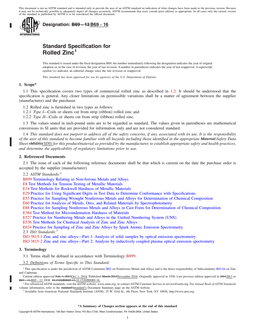 REDLINE ASTM B69-16 - Standard Specification for Rolled Zinc