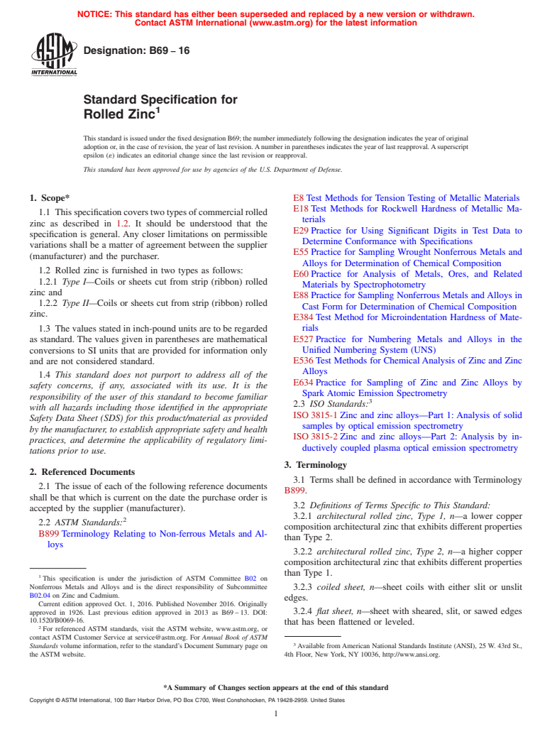 ASTM B69-16 - Standard Specification for Rolled Zinc