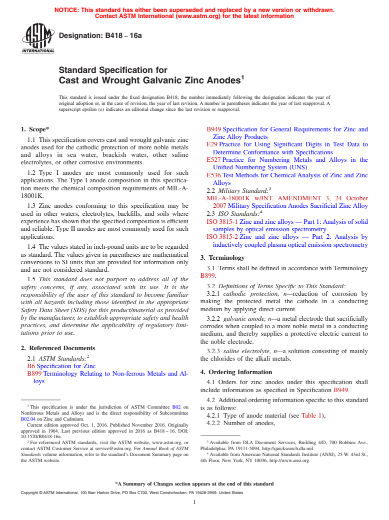 ASTM B418-16a - Standard Specification for Cast and Wrought Galvanic Zinc Anodes