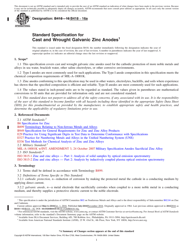 REDLINE ASTM B418-16a - Standard Specification for Cast and Wrought Galvanic Zinc Anodes