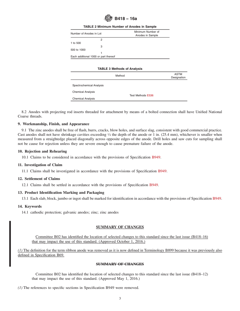 REDLINE ASTM B418-16a - Standard Specification for Cast and Wrought Galvanic Zinc Anodes