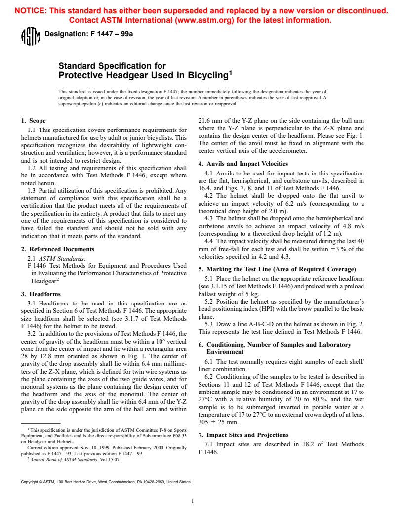 ASTM F1447-99a - Standard Specification for Protective Headgear Used in Bicycling