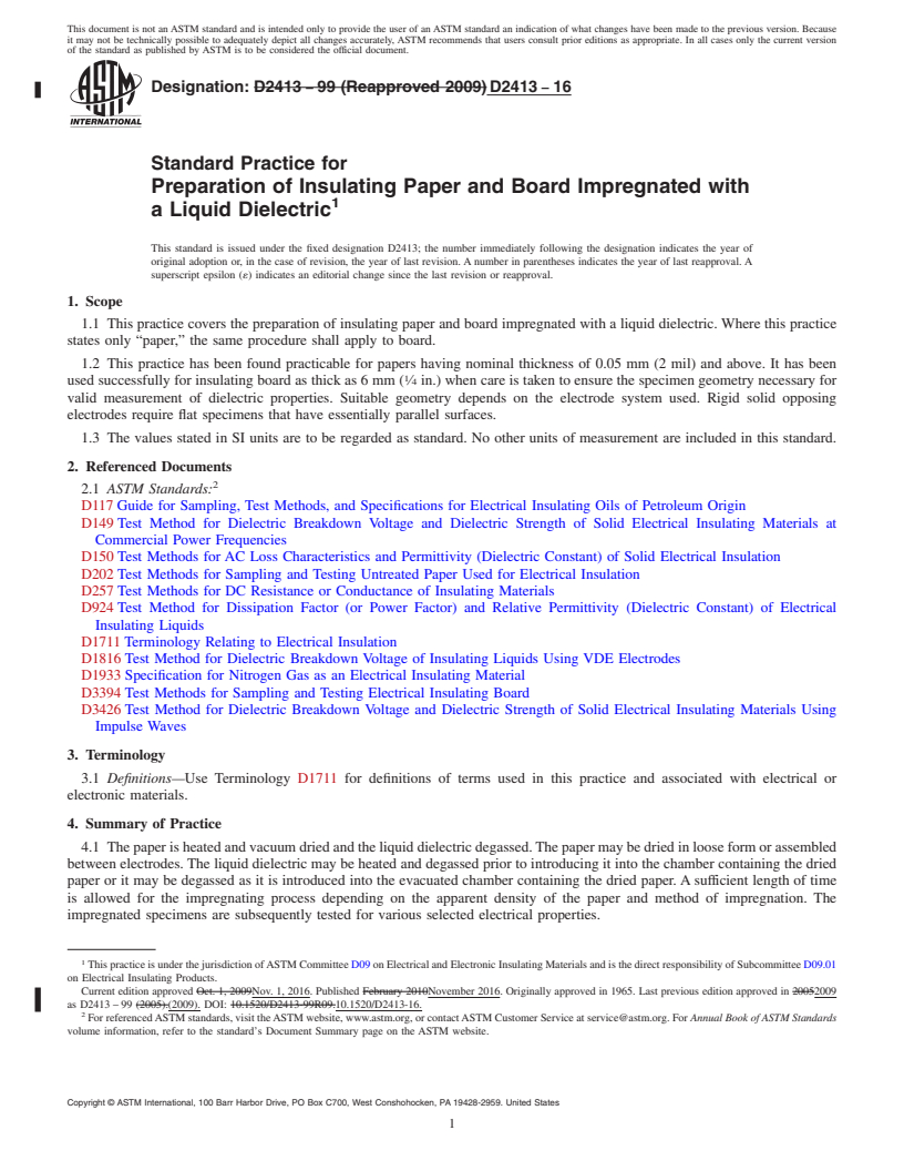 REDLINE ASTM D2413-16 - Standard Practice for  Preparation of Insulating Paper and Board Impregnated with   a Liquid Dielectric