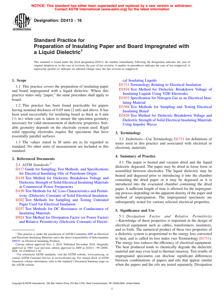 ASTM D2413-16 - Standard Practice for  Preparation of Insulating Paper and Board Impregnated with   a Liquid Dielectric