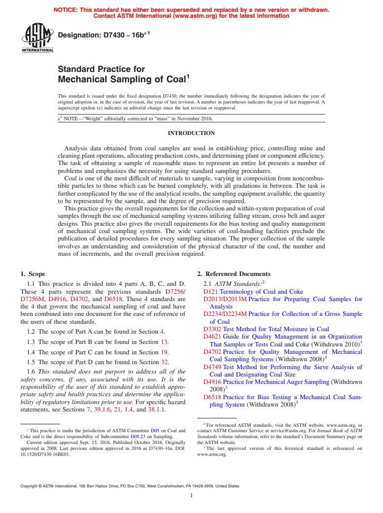 ASTM D7430-16be1 - Standard Practice for Mechanical Sampling of Coal