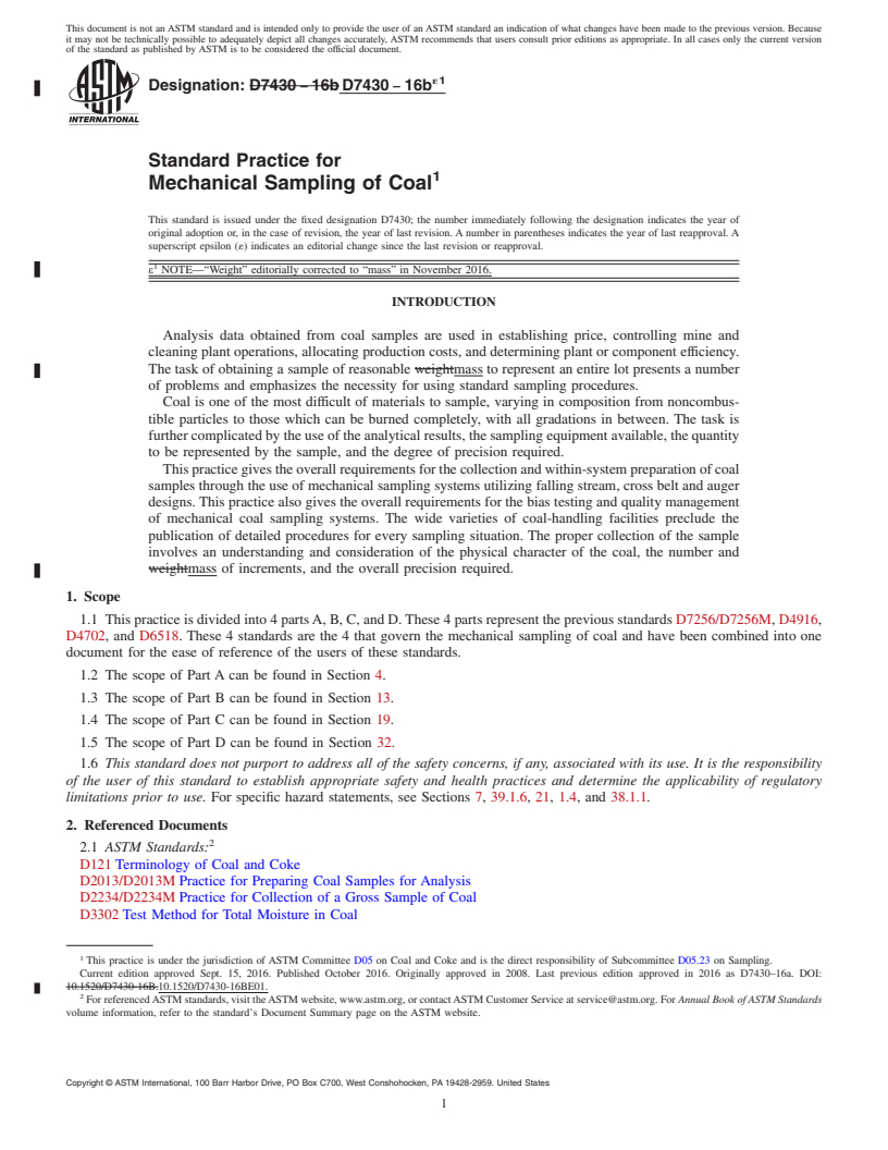 REDLINE ASTM D7430-16be1 - Standard Practice for Mechanical Sampling of Coal