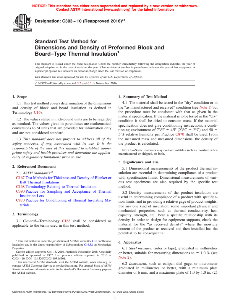 ASTM C303-10(2016)e1 - Standard Test Method for  Dimensions and Density of Preformed Block and Board&#x2013;Type  Thermal  Insulation