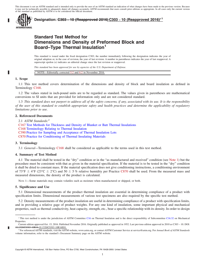 REDLINE ASTM C303-10(2016)e1 - Standard Test Method for  Dimensions and Density of Preformed Block and Board&#x2013;Type  Thermal  Insulation