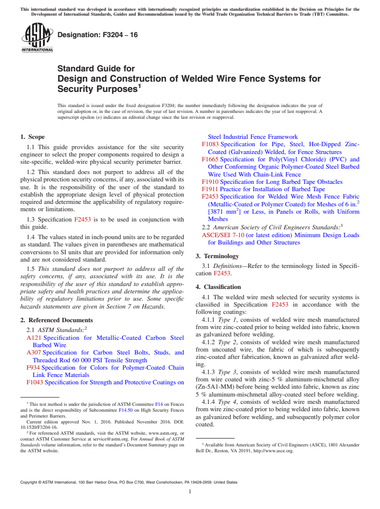 ASTM F3204-16 - Standard Guide for Design and Construction of Welded Wire Fence Systems for Security  Purposes