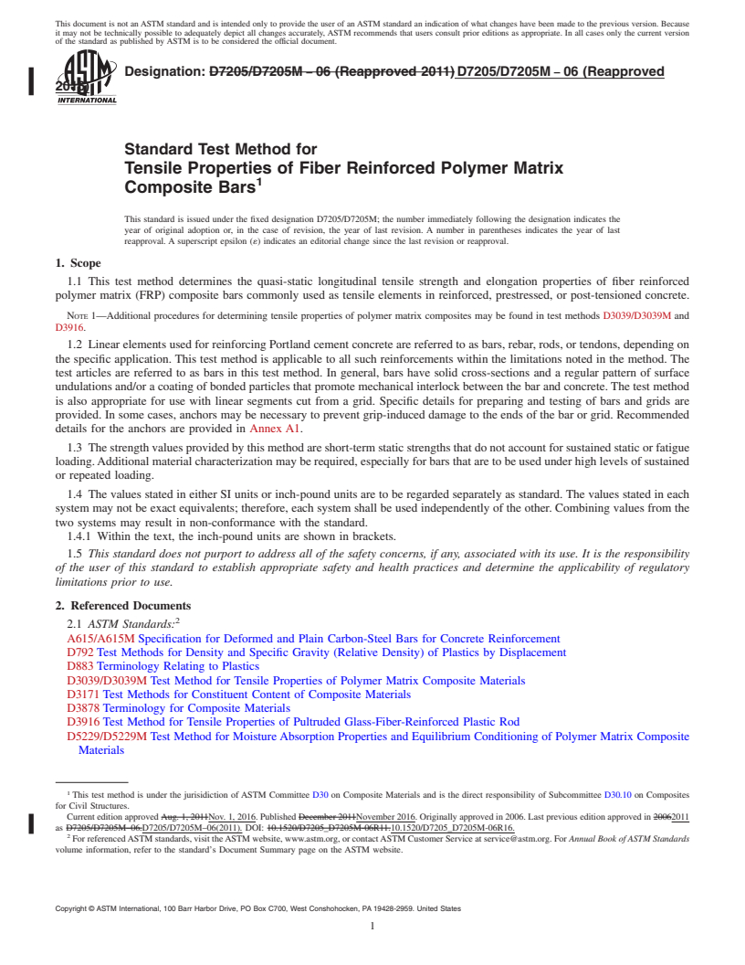 REDLINE ASTM D7205/D7205M-06(2016) - Standard Test Method for Tensile Properties of Fiber Reinforced Polymer Matrix Composite  Bars