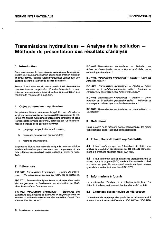 ISO 3938:1986 - Transmissions hydrauliques -- Analyse de la pollution -- Méthode de présentation des résultats d'analyse