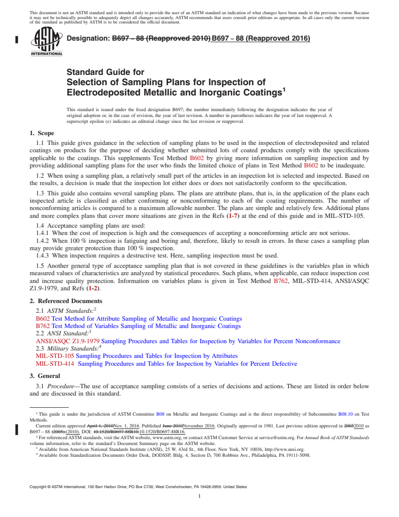 REDLINE ASTM B697-88(2016) - Standard Guide for  Selection of Sampling Plans for Inspection of Electrodeposited   Metallic and Inorganic Coatings