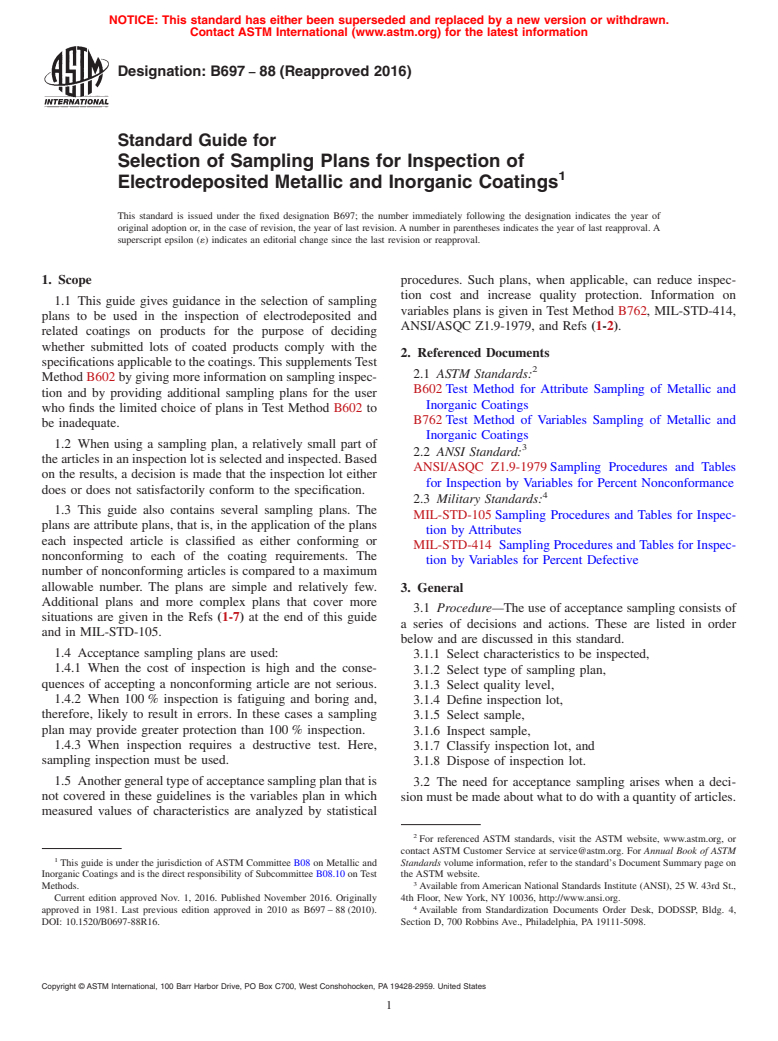 ASTM B697-88(2016) - Standard Guide for  Selection of Sampling Plans for Inspection of Electrodeposited   Metallic and Inorganic Coatings