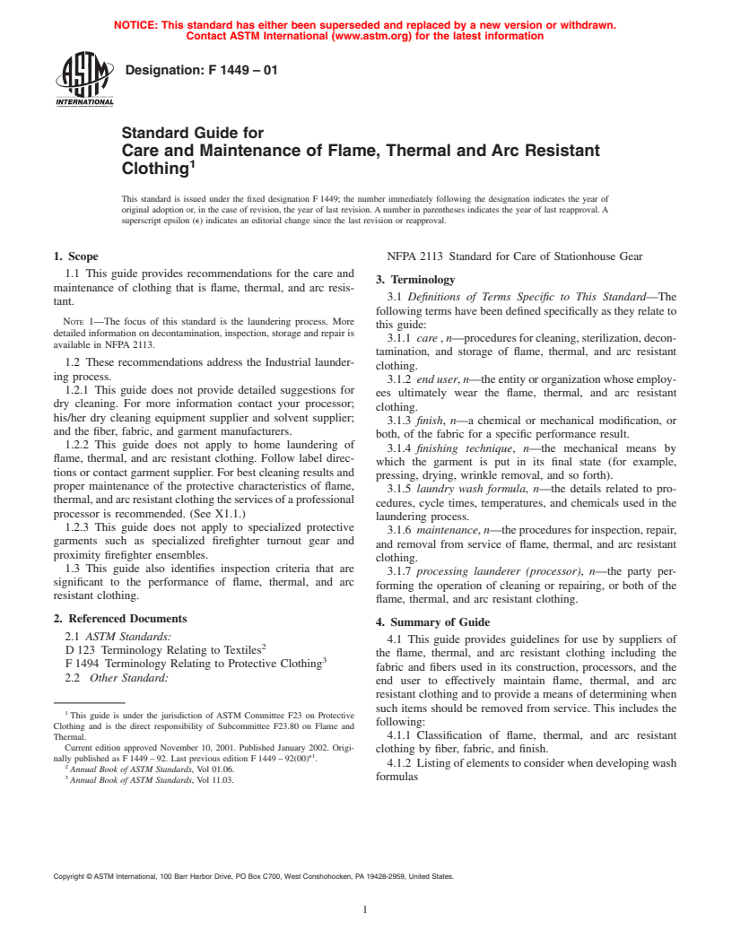 ASTM F1449-01 - Standard Guide for Care and Maintenance of Flame, Thermally and Arc Resistant Clothing