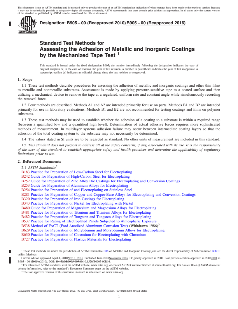 REDLINE ASTM B905-00(2016) - Standard Test Methods for  Assessing the Adhesion of Metallic and Inorganic Coatings by   the Mechanized Tape Test