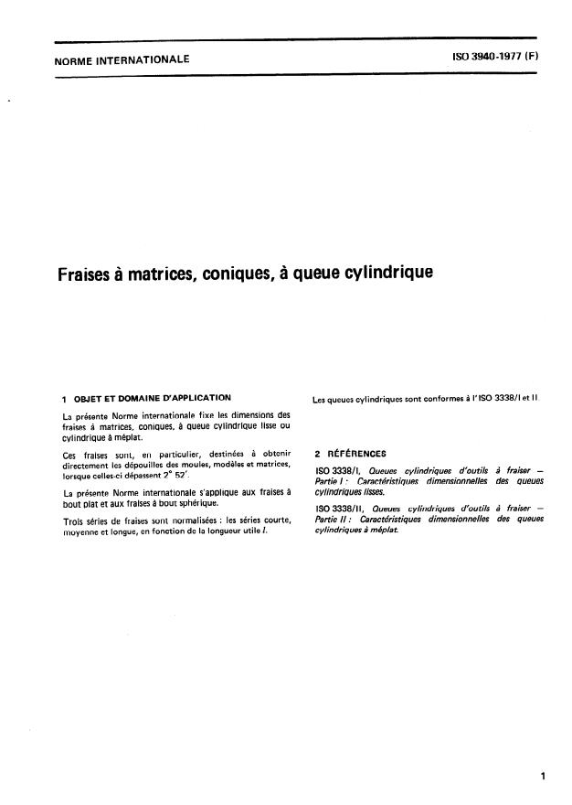 ISO 3940:1977 - Fraises a matrices, coniques, a queue cylindrique