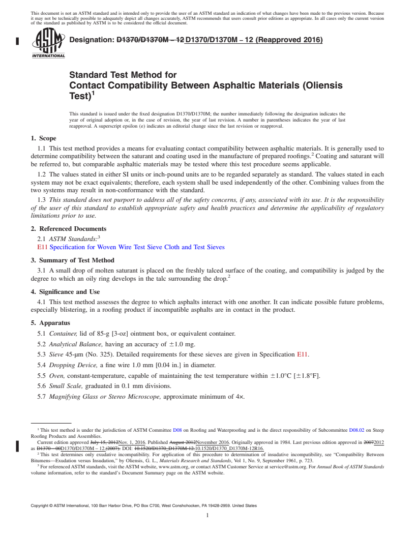 REDLINE ASTM D1370/D1370M-12(2016) - Standard Test Method for  Contact Compatibility Between Asphaltic Materials (Oliensis  Test)