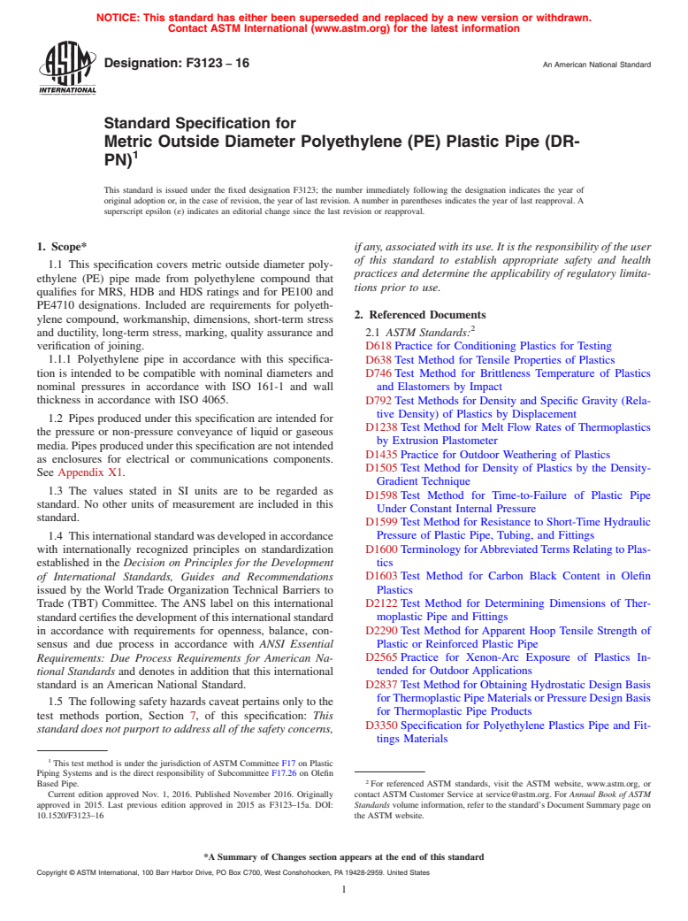 ASTM F3123-16 - Standard Specification for Metric Outside Diameter Polyethylene (PE) Plastic Pipe (DR-PN)