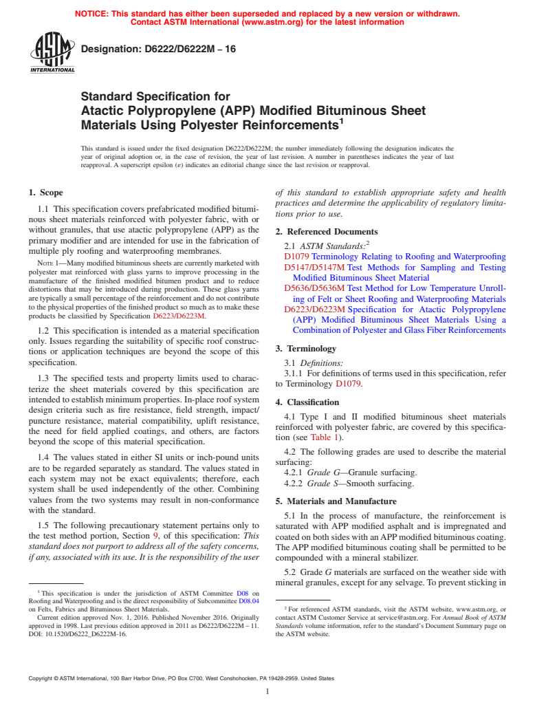 ASTM D6222/D6222M-16 - Standard Specification for  Atactic Polypropylene (APP) Modified Bituminous Sheet Materials   Using Polyester Reinforcements