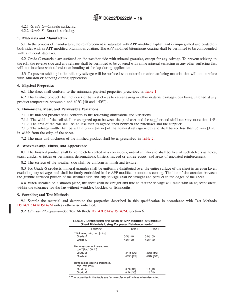 REDLINE ASTM D6222/D6222M-16 - Standard Specification for  Atactic Polypropylene (APP) Modified Bituminous Sheet Materials   Using Polyester Reinforcements