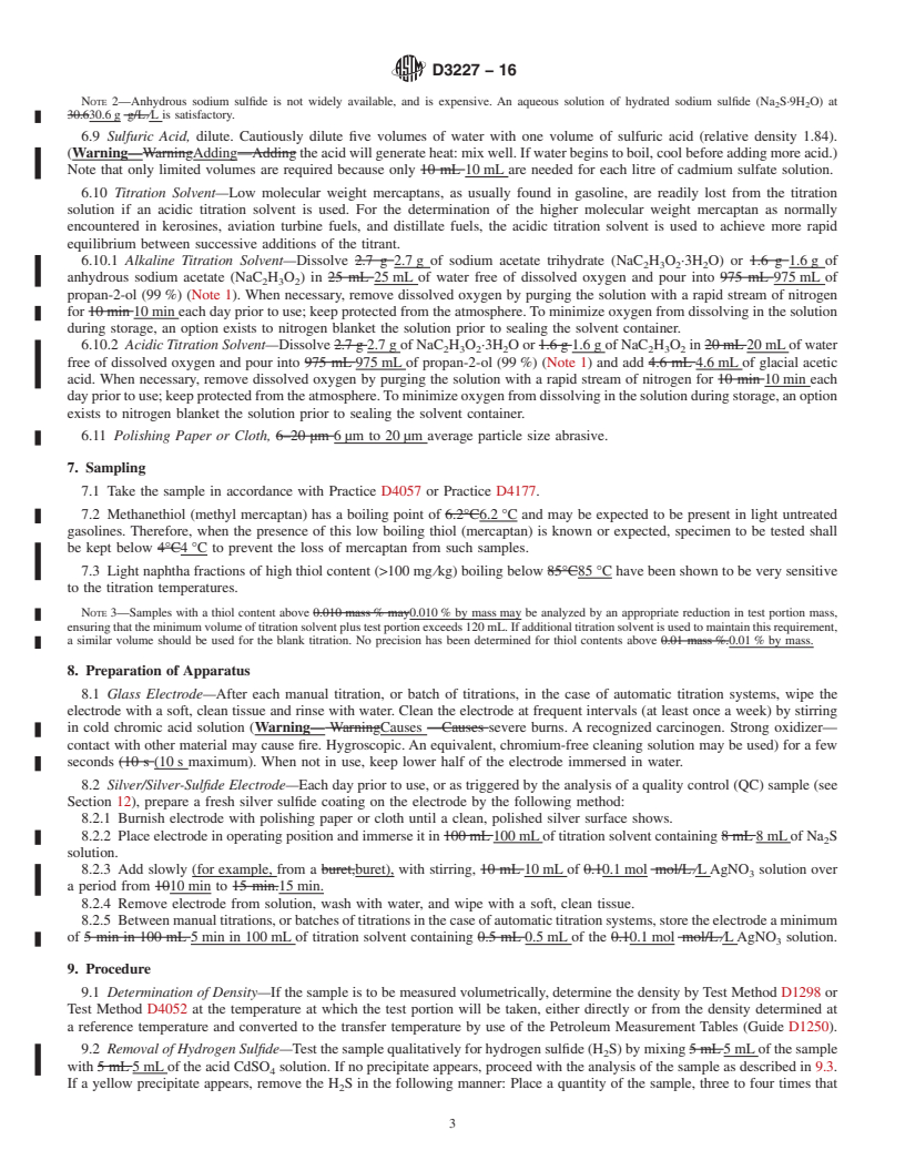 REDLINE ASTM D3227-16 - Standard Test Method for  (Thiol Mercaptan) Sulfur in Gasoline, Kerosine, Aviation Turbine,   and Distillate Fuels (Potentiometric Method)